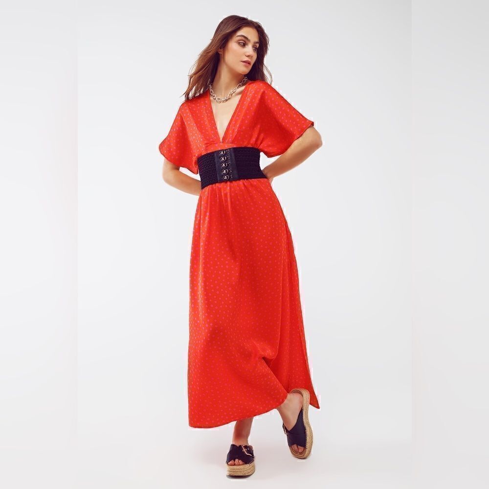 Q2 MAXI CINCHED AT THE WAIST DRESS WITH ANGEL SLEEVES IN RED POLKA size S